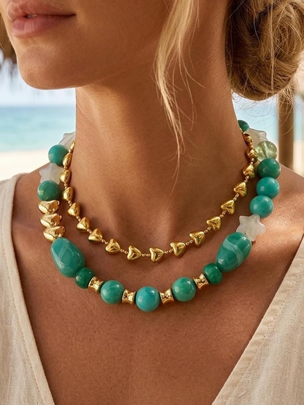 Anthropologie Gold & Turquoise Gemstone Layered Necklace